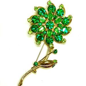 Flower Brooch Green UV Glass Enamel Gold Vintage Vtg Estate Jewelry Pin O30